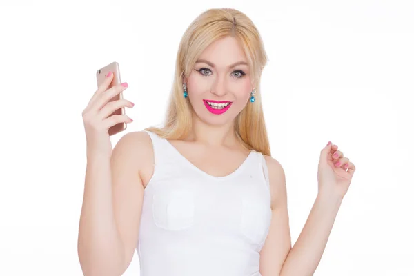 Belleza Mujer Elegante Con Teléfono Sus Manos Fondo Blanco Estilo —  Fotos de Stock