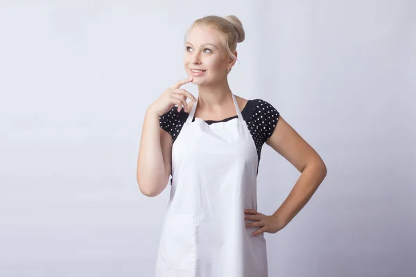 Cute Blonde Woman White Apron Posing White Background Cook Housewife — Stock Photo, Image