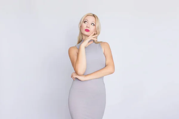 Horizontal Studio Portrait Young Blond Woman Gray Business Midi Dress — Stock Photo, Image