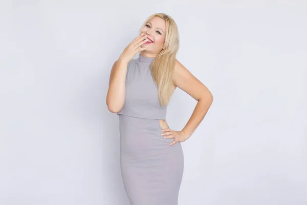 Horizontal Studio Portrait Young Blond Woman Gray Business Midi Dress — Stock Photo, Image