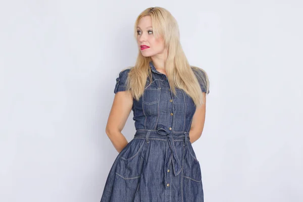 Studio Portrait Blonde Woman Denim Dress Girl Posing White Background — Stock Photo, Image