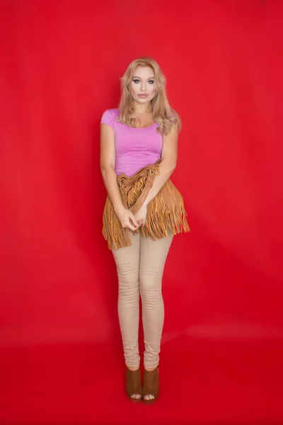 Smiling Fashion Blonde Woman Autumn Style Look Posing Studio Red — Stock Photo, Image