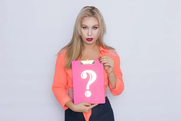 Studio Photoshoot Blonde Woman Holding Signboard Question Mark — Stock Photo, Image