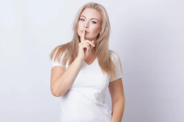 Image Beautiful Blonde Woman Holding Finger Her Lips Isolated Grey — Stock Photo, Image