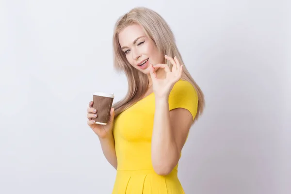 Cute Blonde Woman Yellow Dress Holding Coffee Cup Her Hands — Stock Photo, Image