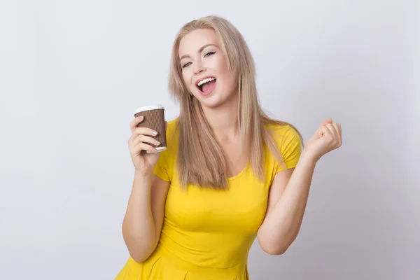 Cute Blonde Woman Yellow Dress Holding Coffee Cup Her Hands — Stock Photo, Image