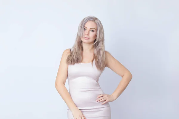 Studio Portrait Blonde Woman Beige Dress White Background She Looking — Stock Photo, Image