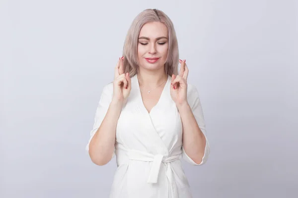 Cheerful Young Blonde Woman Wearing White Dress Standing Isolated Grey — Stock Photo, Image