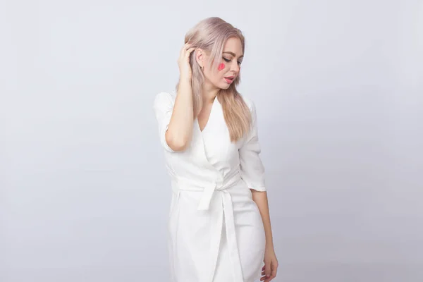 Studio Portrait Attractive Blonde Woman Hearts Her Cheeks Standing White — Stock Photo, Image