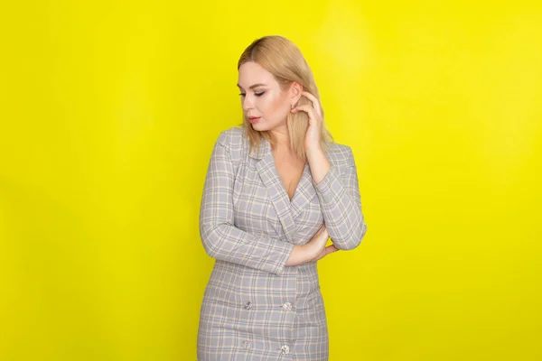Attractive Blonde Woman Plaid Jacket Dress — Stock Photo, Image