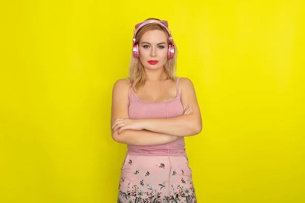 Blonde Woman Pink Summer Clothing Wearing Pink Headphones Kitten Ears — Stock Photo, Image
