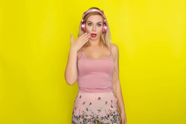 Blonde Woman Pink Summer Clothing Wearing Pink Headphones Kitten Ears — Stock Photo, Image