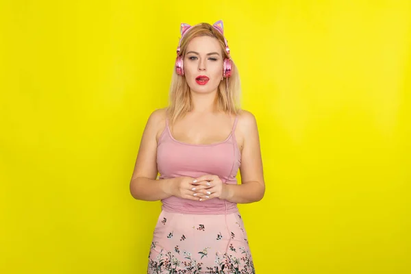 Blonde Woman Pink Summer Clothing Wearing Pink Headphones Kitten Ears — Stock Photo, Image