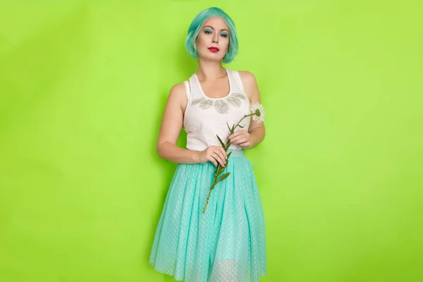 Studio Portrait Beautiful Mint Hair Feminine White Top Light Blue — Stock Photo, Image