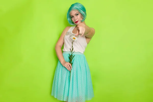 Studio Portrait Beautiful Mint Hair Feminine White Top Light Blue — Stock Photo, Image