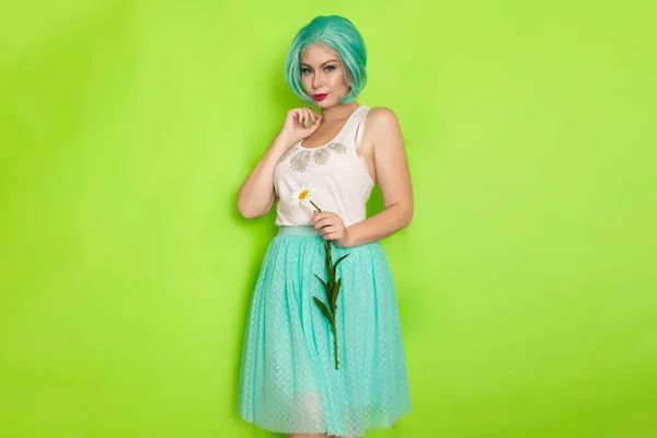 Studio Portrait Beautiful Mint Hair Feminine White Top Light Blue — Stock Photo, Image