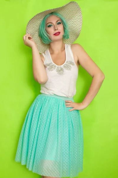 Beautiful Young Mint Haired Woman White Top Blue Middle Skirt — Stock Photo, Image