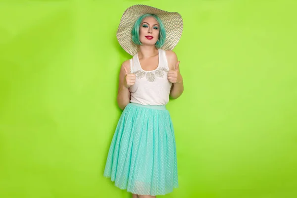 Beautiful Young Mint Haired Woman White Top Blue Middle Skirt — Stock Photo, Image