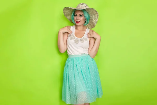 Beautiful Young Mint Haired Woman White Top Blue Middle Skirt — Stock Photo, Image