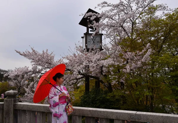 Japanese Woman Traditional Costume Walking Courtyard Kiyomizu Dera Temple Kyoto — Stock Photo, Image