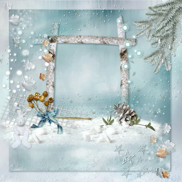 Neujahrsgrußkarte Mit Schnee Und Tanne — Stockfoto