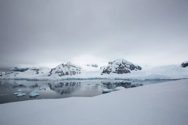 icecaps in the Antarctica with iceberg in the ocean swimming around and melting in the sea