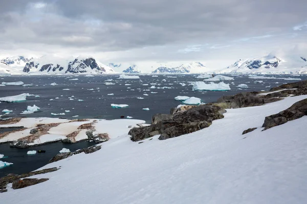 icecaps in the Antarctica with iceberg in the ocean swimming around and melting in the sea