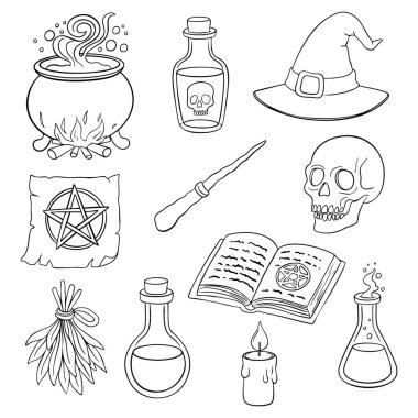 Cadı kazanı, iksir, büyü kitabı, süpürge, şifalı otlar, cadı şapkası ve diğer şeylerle çizilmiş çizgi sanatı cadılar bayramı illüstrasyonu. Renklendirme sayfaları, ürkütücü tasarım, cadılık temaları için mükemmel bir taslak biçimi