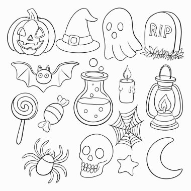 Cadılar Bayramı çizimleri, balkabağı, cadı şapkası, hayalet, yarasa, örümcek ağı, örümcek ağı, şeker seti. Renkli sayfalar, ürkütücü tasarım, cadılık temaları ve Cadılar Bayramı dekorasyonları için mükemmel bir tasarım.