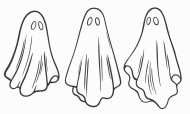 Üç tane siyah beyaz hayalet ana hatları, basit bir cadılar bayramı çizimi sanat tarzı çizimi, çarşaf kostümlü ürkütücü çizgi film karakterleri, beyaz arka planda izole edilmiş, boyama sayfaları için mükemmel.