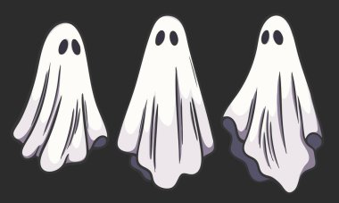 Beyaz çarşaflı, siyah gözlü üç çizgi film hayaleti. Karanlık arka planda düz vektör tarzında ürkütücü Cadılar Bayramı çizimi. Tatil süslemeleri, parti tasarımı ve mevsimsel sanat eserleri için mükemmel..