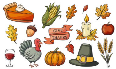 Cute Thanksgiving illustration set with turkey, pumpkin pie, fall leaves, corn, apple, wine glass. Cozy autumn holiday collection. Perfect for greeting cards, stickers, and festive designs.