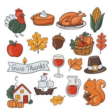 Cute Thanksgiving illustration set with turkey, pumpkin pie, fall leaves, corn, apple, wine glass. Cozy autumn holiday collection. Perfect for greeting cards, stickers, and festive designs.