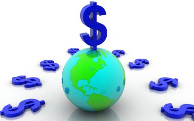 Beyaz arka planda üç boyutlu dolar ve küre çizimi. Büyüme kavramı 