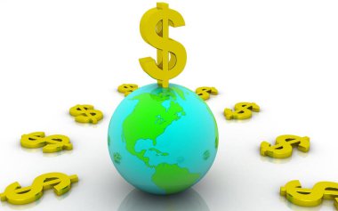 Beyaz arka planda üç boyutlu dolar ve küre çizimi. Büyüme kavramı 