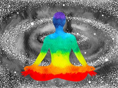 7 renk çakra insan Lotus poz Yoga, soyut dünya, evren