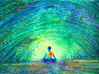 chakra color human lotus pose yoga in green tree forest tunnel clipart