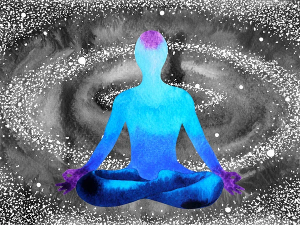 Blue color chakra human lotus pose yoga, abstract world, universe — Stock Photo, Image