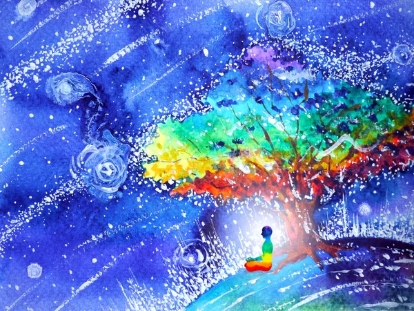 7 renk çakra insan Lotus poz Yoga, soyut dünya, evren