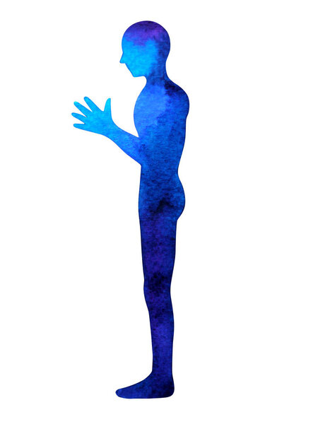 human standing hand up pose, abstract body watercolor painting