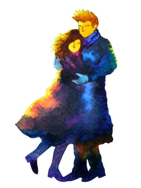 Пара любовник сладкие объятия поцелуи зимой холодное прохладное пальто акварель живопись — стоковое фото