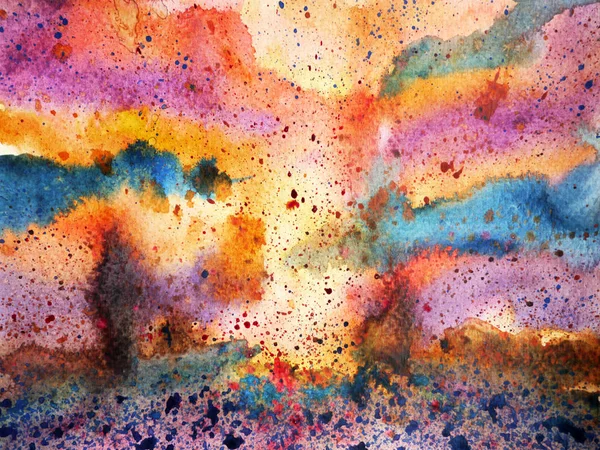 Abstracto cielo colorido salpicadura acuarela pintura paisaje dibujado a mano —  Fotos de Stock