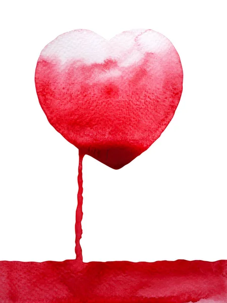 Coração vermelho vazamento drenar sangue branco fundo aquarela pintura — Fotografia de Stock