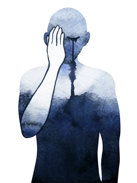 Sad man emotion feeling crying watercolor painting illustration — Stock Photo, Image