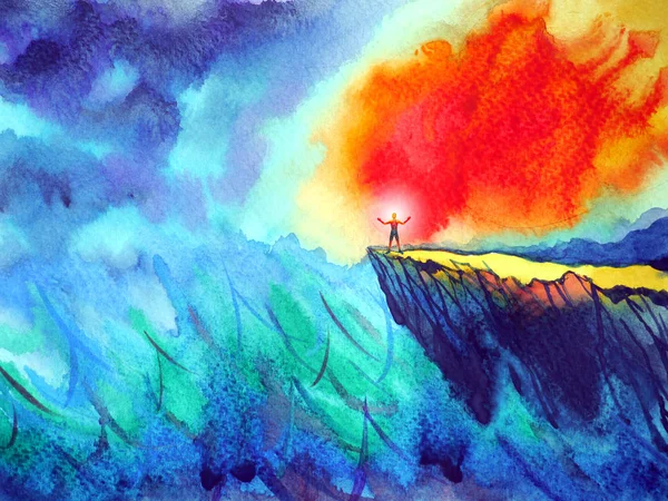 Energia poderosa humana e espírito conectar-se ao poder do universo aquarela pintura — Fotografia de Stock