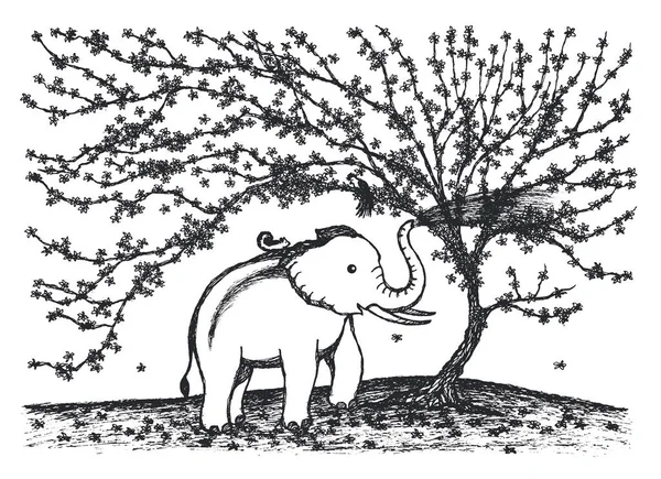 花の木のイラストのデザインの下で水を再生する赤ちゃん象 — ストック写真