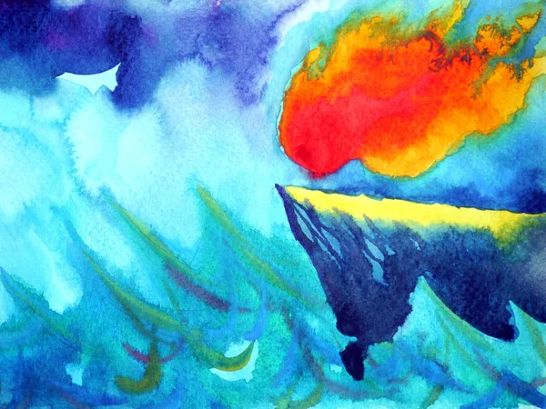 Soleil feu flamme puissance dans la pluie tempête énergie aquarelle peinture — Photo