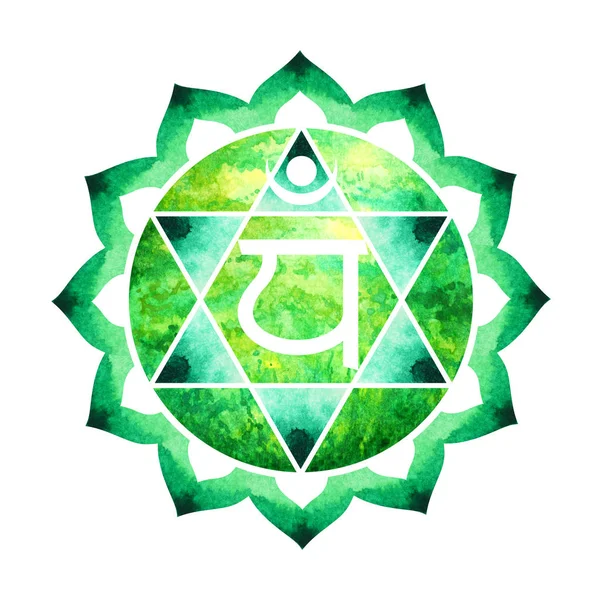 Cor verde do conceito de coração símbolo chakra, flor floral, pintura aquarela — Fotografia de Stock