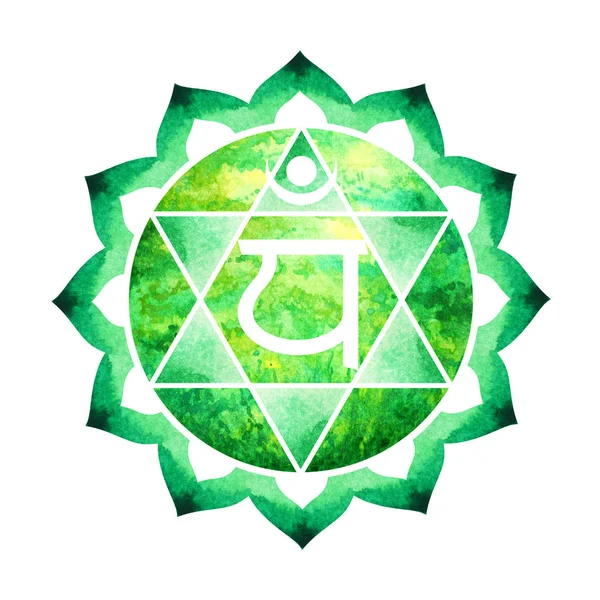 Color verde del concepto del corazón del símbolo del chakra, flor floral, acuarela pintura — Foto de Stock