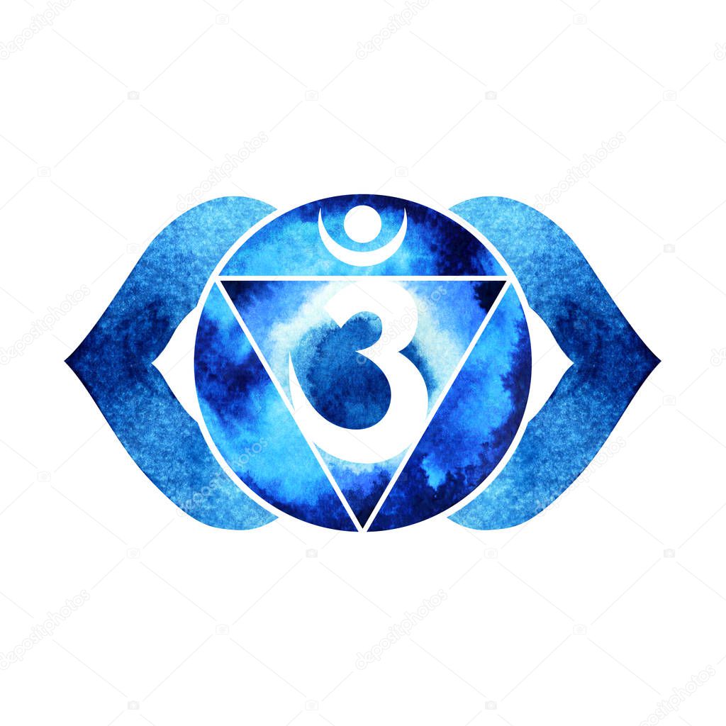 Indigo color of chakra symbol third eye concept, flower floral, watercolor painting hand drawn icon logo, illustration design sign